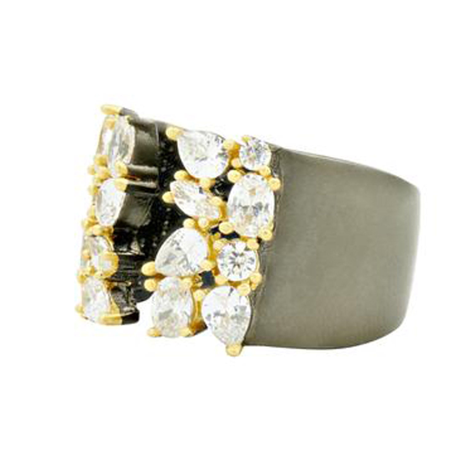 Freida Rothman Midnight Open Cuff Ring in Sterling Silver with 14kt Yellow Gold Plate and Black Rhodium (size 8)