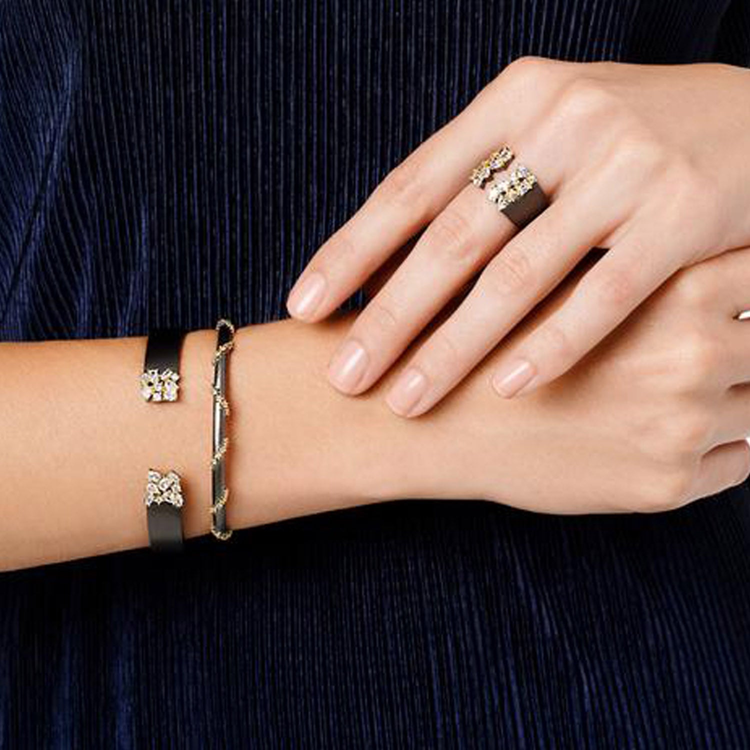 Freida Rothman Midnight Open Cuff Ring in Sterling Silver with 14kt Yellow Gold Plate and Black Rhodium (size 8)