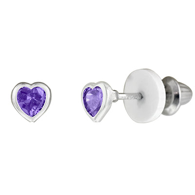 Children February Cubic Zirconia Birthstone Heart Stud Earrings in Sterling Silver