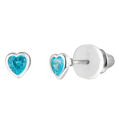 Children March Cubic Zirconia Birthstone Heart Stud Earrings in Sterling Silver