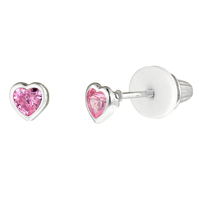 Children October Cubic Zirconia Birthstone Heart Stud Earrings in Sterling Silver