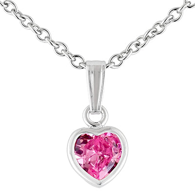 Children October Cubic Zirconia Birthstone Heart Necklace in Sterling Silver