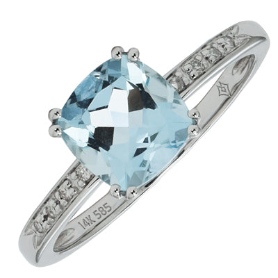Madison L Cushion Aquamarine Ring in 14kt White Gold with Diamonds