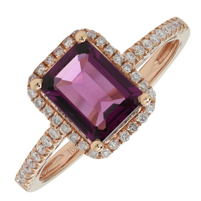 Emerald Cut Rhodolite Garnet Ring in 10kt Rose Gold with Diamonds (1/5ct tw)