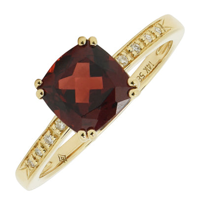 Madison L Cushion Garnet Ring in 14kt Yellow Gold with Diamonds