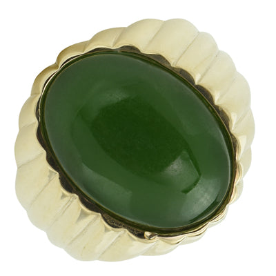 Estate Mens Oval Jade Ring in 14kt Yellow Gold