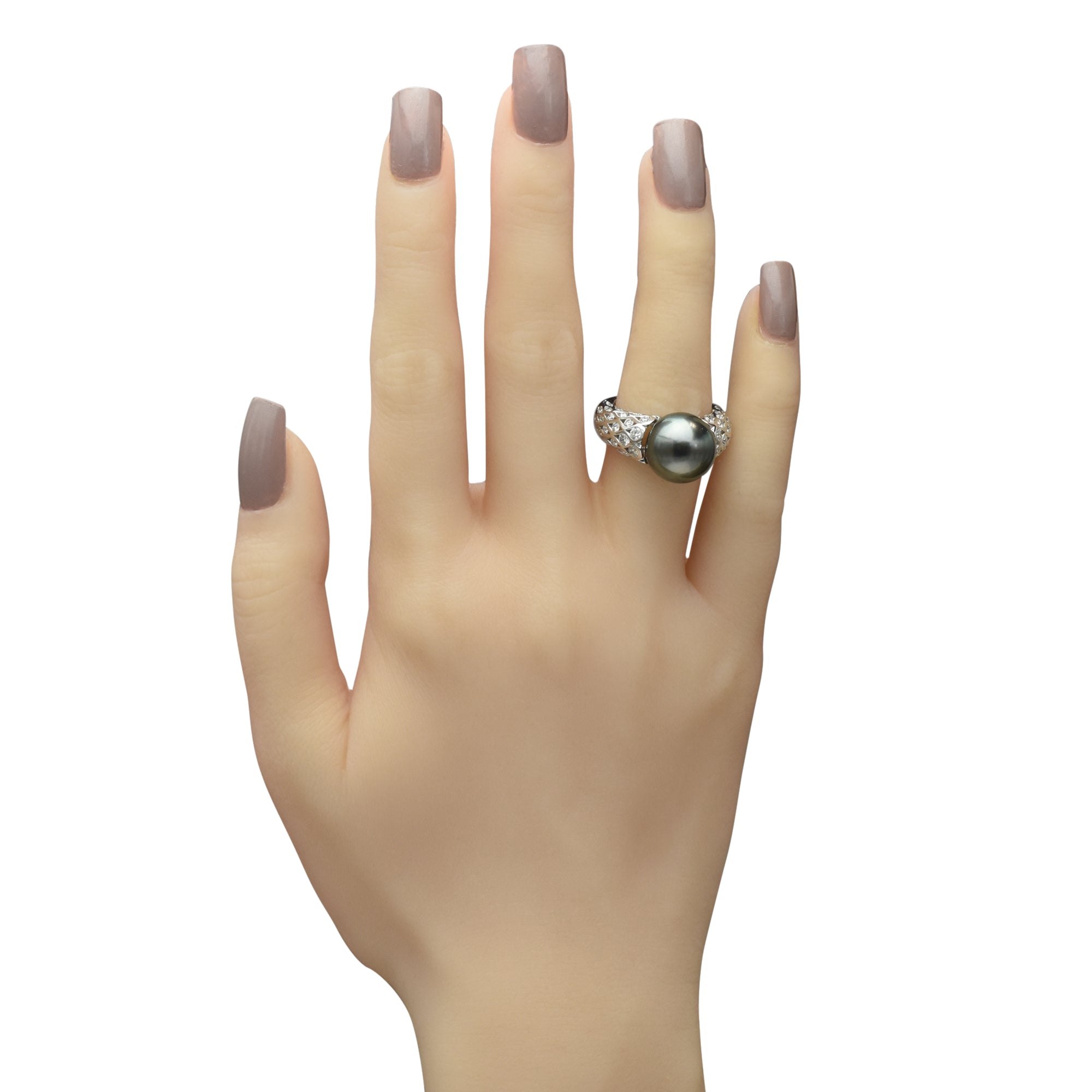 Black Tahitian Pearl Ring in 14kt White Gold with Diamonds (1 5/8ct tw) (12-13mm pearl)