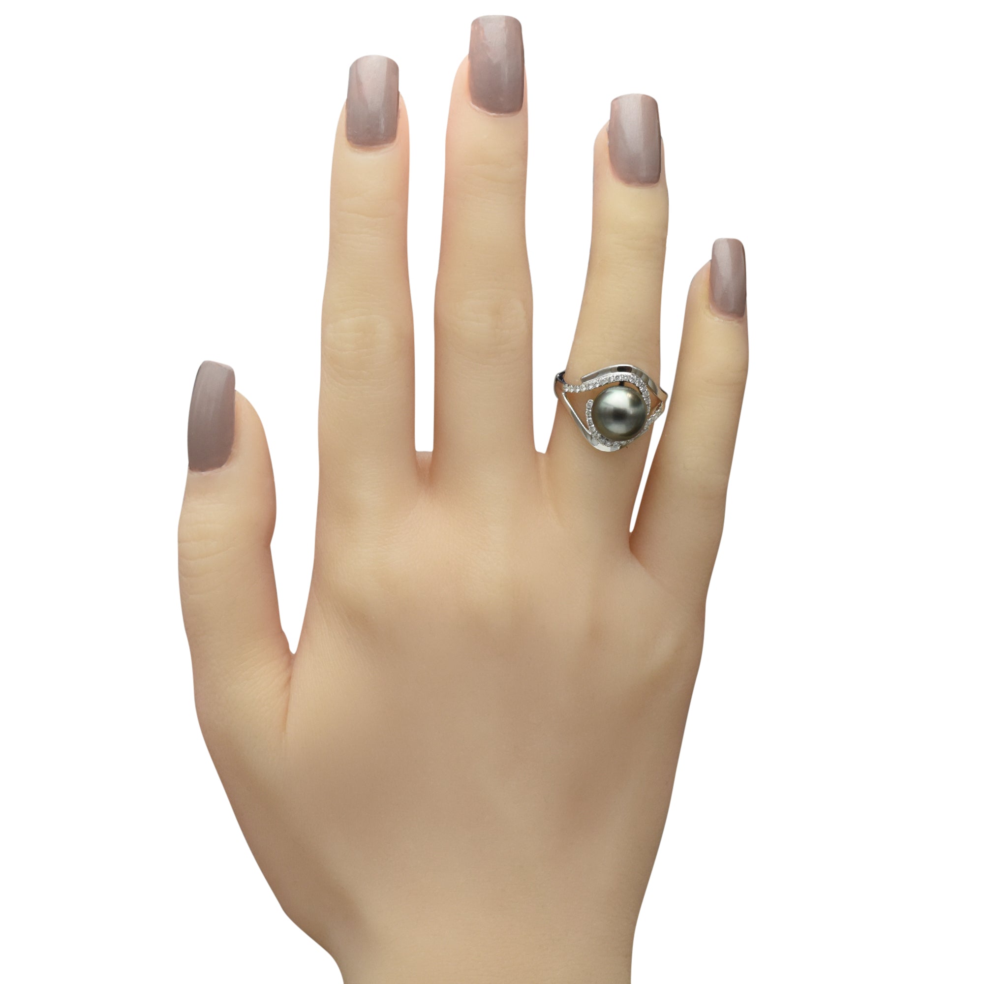 Black Tahitian Pearl Ring in 14kt White Gold with Diamonds (1/3ct tw) (10-11mm pearl)