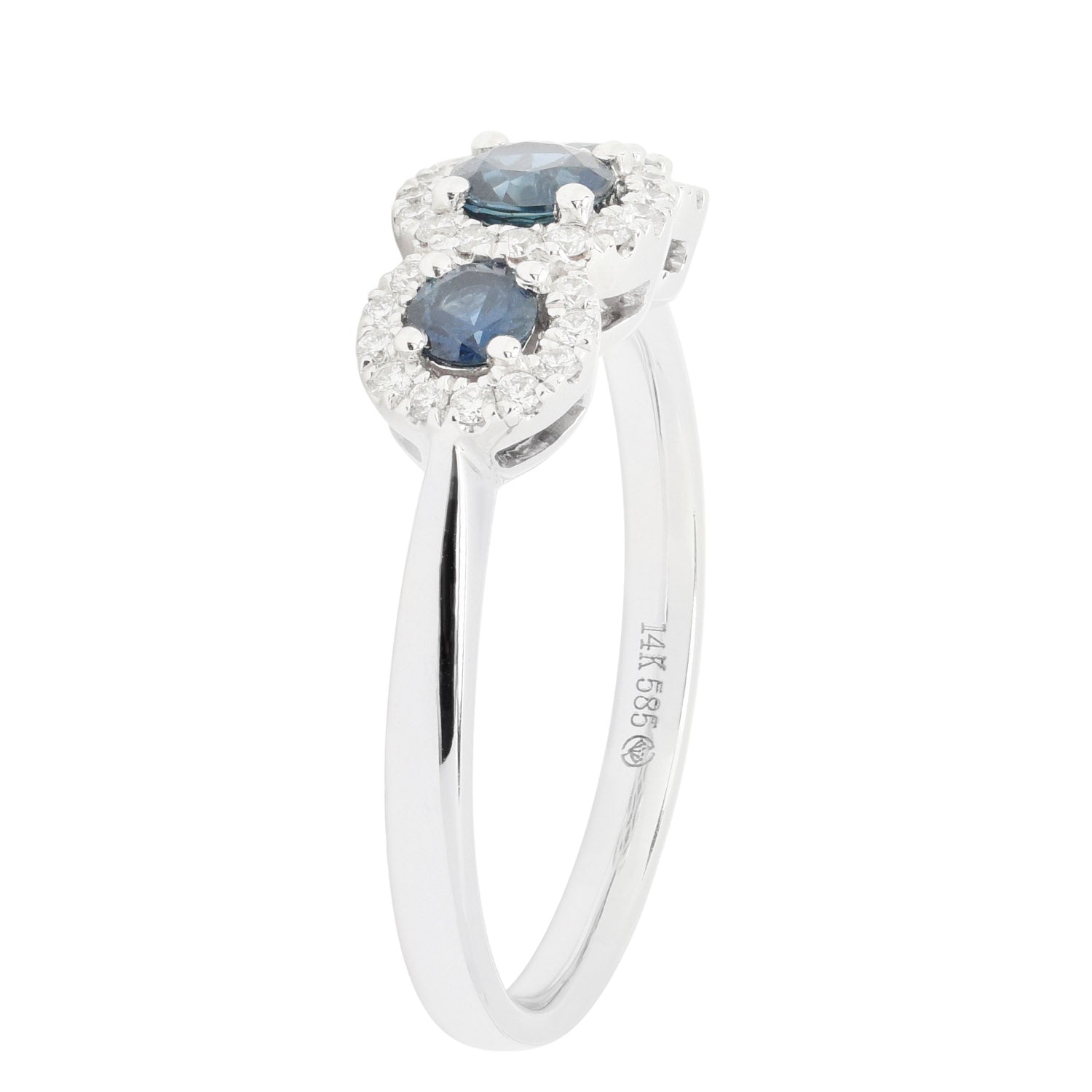 Three Stone Sapphire Halo Ring in 14kt White Gold with Diamonds (1/5ct tw)