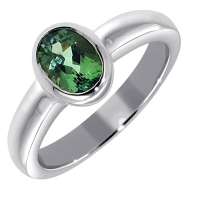 Oval Green Tourmaline Bezel Ring in Sterling Silver