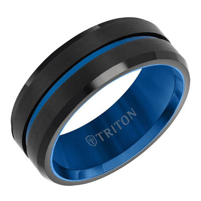 Triton Mens Comfort Fit Wedding Band in Black and Blue Tungsten (8mm)