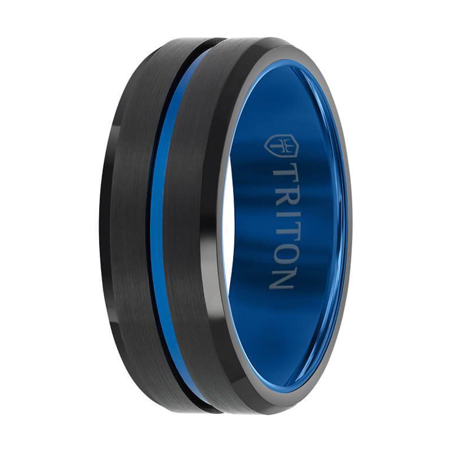 Triton Mens Comfort Fit Wedding Band in Black and Blue Tungsten (8mm)