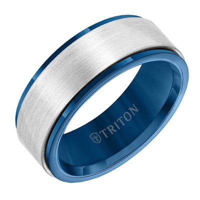 Triton Mens Comfort Fit Wedding Band in Blue and White Tungsten (8mm)