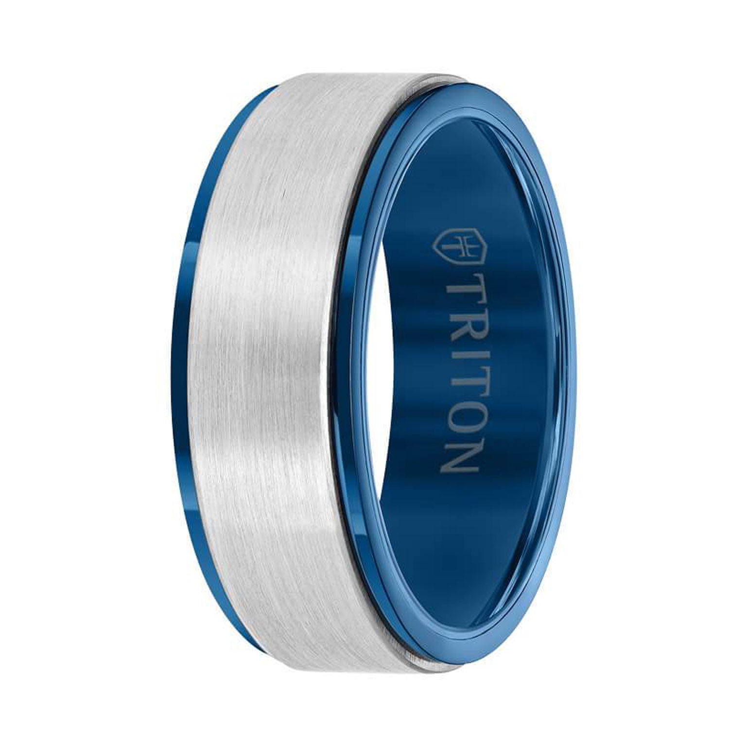 Triton Mens Comfort Fit Wedding Band in Blue and White Tungsten (8mm)