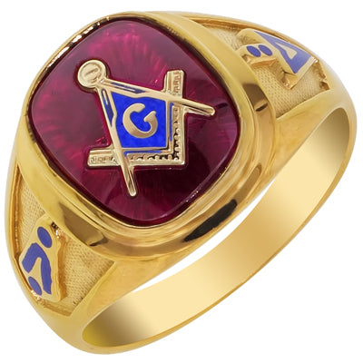12X10 Antique Ruby Masonic Ring in 10kt Yellow Gold