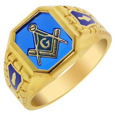 12X10 Blue Masonic Ring in 10kt Yellow Gold