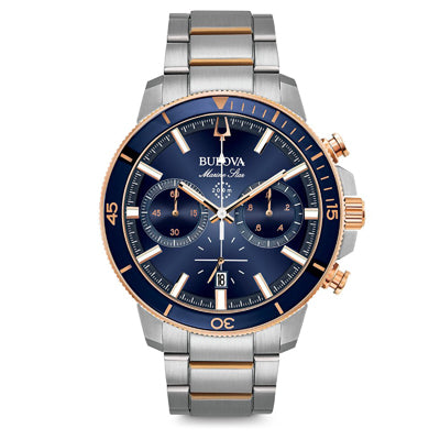 Bulova Marine Star Mens Chronograph Watch with Blue Dial and Stainless Steel and Rose Gold Toned Bracelet (quartz movement)