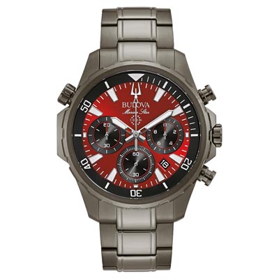 Bulova Marine Star Mens Chronograph Watch with Red Dial and Gray Ion Plated Bracelet (quartz movement)
