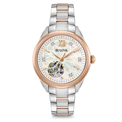 Bulova Sutton Automatic Womens Diamond Watch with Mother of Pearl Dial and Stainless Steel and Rose Gold Tone Bracelet (automatic movement)