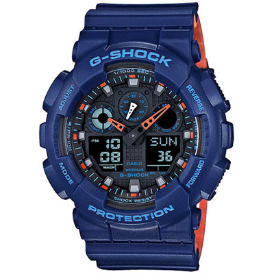 G Shock Military Colored Layered Band Mens Watch with Black and Orange Dial and Blue Urethane Strap (quartz movement)