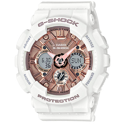 G Shock Series S Womens Watch with Rose Tone Dial and White Urethane Strap (quartz movement)