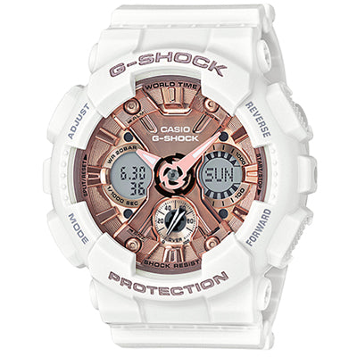 G Shock Series S Womens Watch with Rose Tone Dial and White Resin Strap (quartz movement)