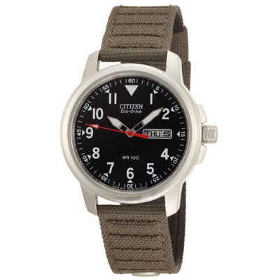 Citizen Garrison Mens Watch with Black Dial and Army Green Fabric Strap (eco-drive movement)