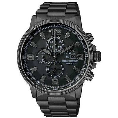 Citizen Nighthawk Mens Chronograph Watch with Black Dial and Black Stainless Steel Bracelet (eco drive movement)