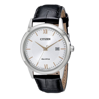 Citizens Mens Watch with White Dial and Black Leather Strap (eco drive movement)