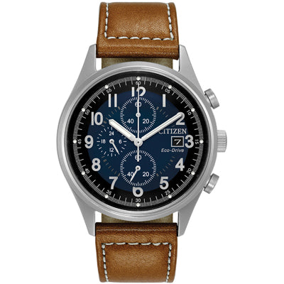 Citizen Garrison Mens Chronograph Watch with Blue Dial and Brown Leather Strap (eco drive movement)