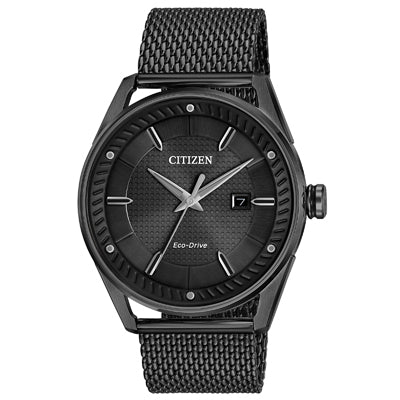 Citizen Drive Mens Crystal Watch with Black Dial and Black Mesh Strap (Eco-Drive Movement)