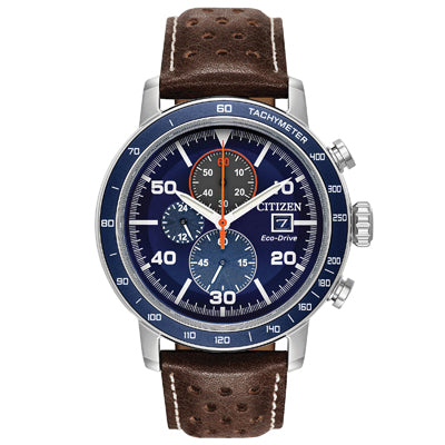 Citizen Brycen Mens Chronograph Watch with Blue Dial and Brown Leather Strap (eco drive movement)