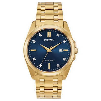 Citizen Corso Mens Diamond Watch with Blue Dial and Yellow Gold Toned Bracelet (eco drive movement)