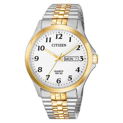 Citizen Mens Watch with White Dial and Stainless Steel and Yellow Gold Toned Expansion Bracelet (quartz movement)