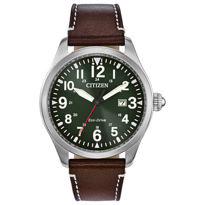 Citizen Garrison Mens Watch with Green Dial and Brown Leather Strap (eco-drive movement)