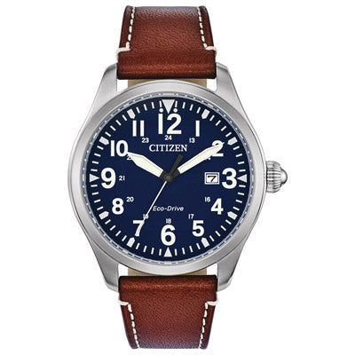Citizen Garrison Mens Watch with Blue Dial and Brown Leather Strap (eco-drive movement)