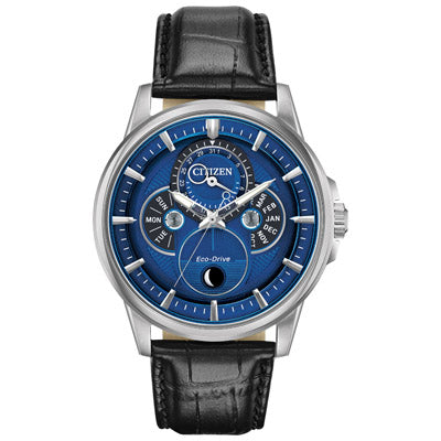 Citizen Calendrier Mens Watch with Blue Dial and Black Leather Strap (eco drive movement)