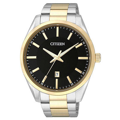 Citizen Mens Watch with Black Dial and Stainless Steel and Yellow Gold Tone Bracelet (quartz movement)