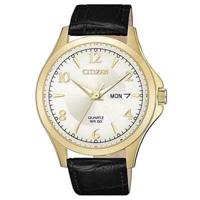 Citizen Mens Watch with White Dial and Black Leather Strap (quartz movement)
