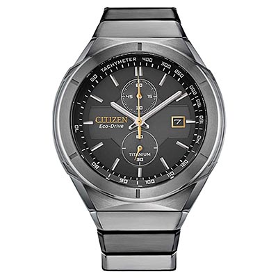 Citizen Armour Mens Chronograph Watch with Black Dial and Super Titanium Bracelet (eco drive movement)