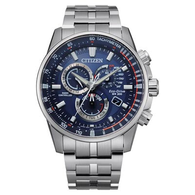 Citizen PCAT Radio Controlled Mens Chronograph Watch with Blue Dial and Stainless Steel Bracelet (eco drive movement)