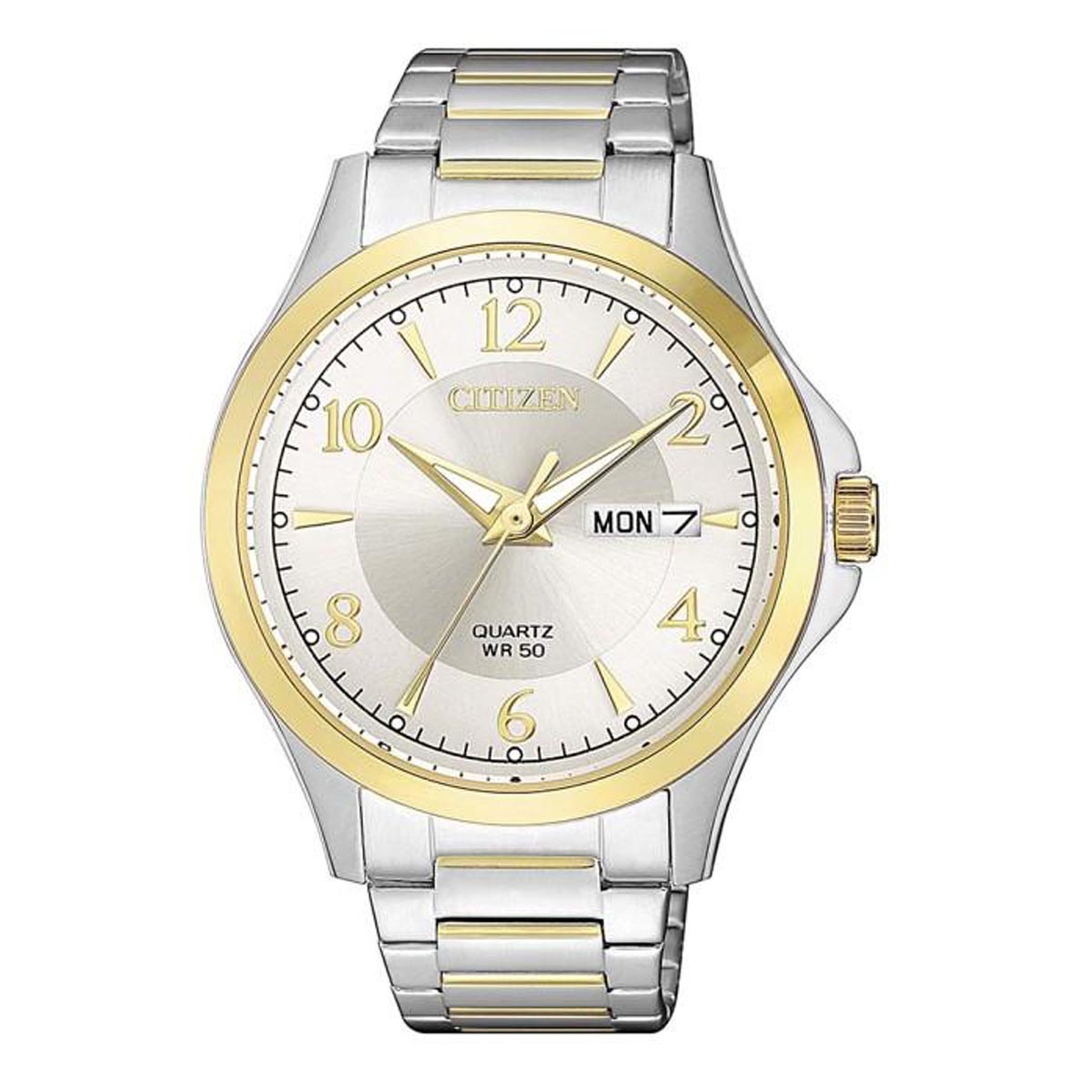 Citizen Mens Watch with Silver Toned Dial and Stainless Steel and Yellow Gold Bracelet (quartz movement)