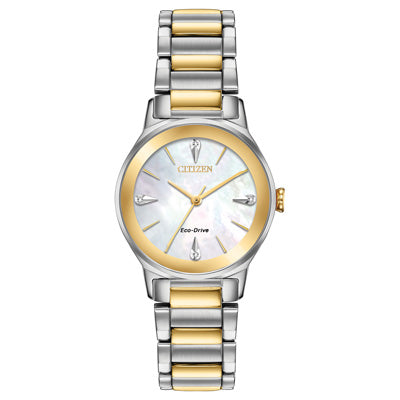 Citizen Axiom Womens Diamond Watch with Mother of Pearl Dial and Stainless Steel Yellow Gold Toned Bracelet (eco drive movement)