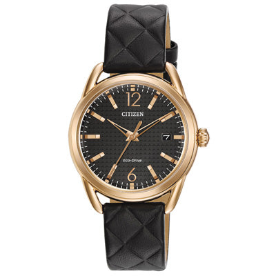 Citizen Drive Womens Crystal Watch with Black Dial and Black Quilted Leather Strap (Eco-Drive Movement)