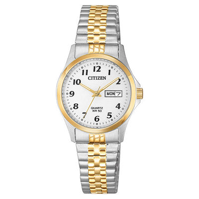 Citizen Womens Watch with White Dial and Stainless Steel and Yellow Gold Toned Expansion Bracelet (quartz movement)