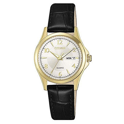 Citizen Womens Watch with White Dial and Black Leather Strap (quartz movement)
