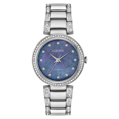 Citizen Silhouette Womens Crystal Watch with Blue Dial and Stainless Steel Bracelet (eco drive movement)