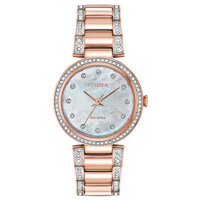 Citizen Silhouette Womens Crystal Watch with Mother of Pearl Dial and Rose Gold Toned Bracelet (eco drive movement)