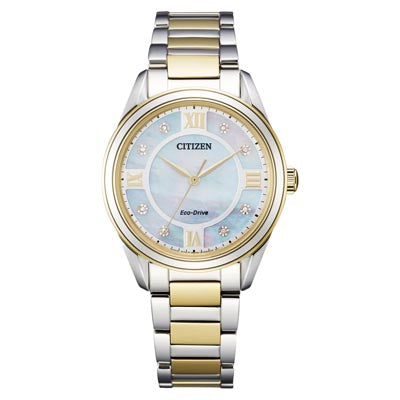 Citizen Arezzo Womens Diamond Watch with Mother of Pearl Dial and Stainless Steel and Yellow Gold Toned Braclet (eco drive movement)