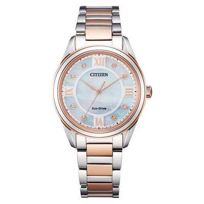 Citizen Arezzo Womens Diamond Watch with Mother of Pearl Dial and Stainless Steel and Rose Gold Toned Bracelet (eco drive movement)